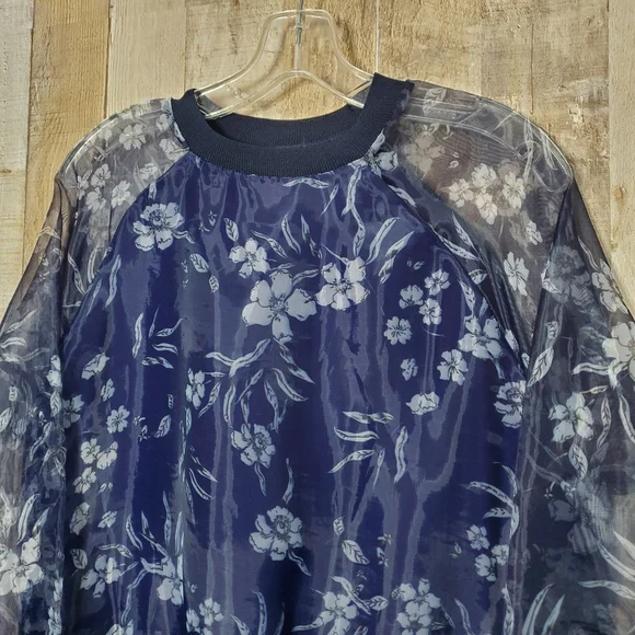 Zara Navy Floral Print Sheer Pullover Long Sleeves Blouse Size Small - Picture 5 of 10